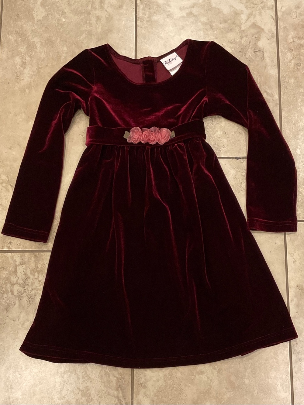 Rose Cottage Girls' Burgundy Velvet Holiday Christmas Dress Floral Tie Waist Sz7